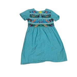 Roller Rabbit Teal Dress with Multicolor Embroidery